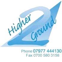 2 Higher Ground logo - phone: 07977 444 130, fax: 0700 580 3158